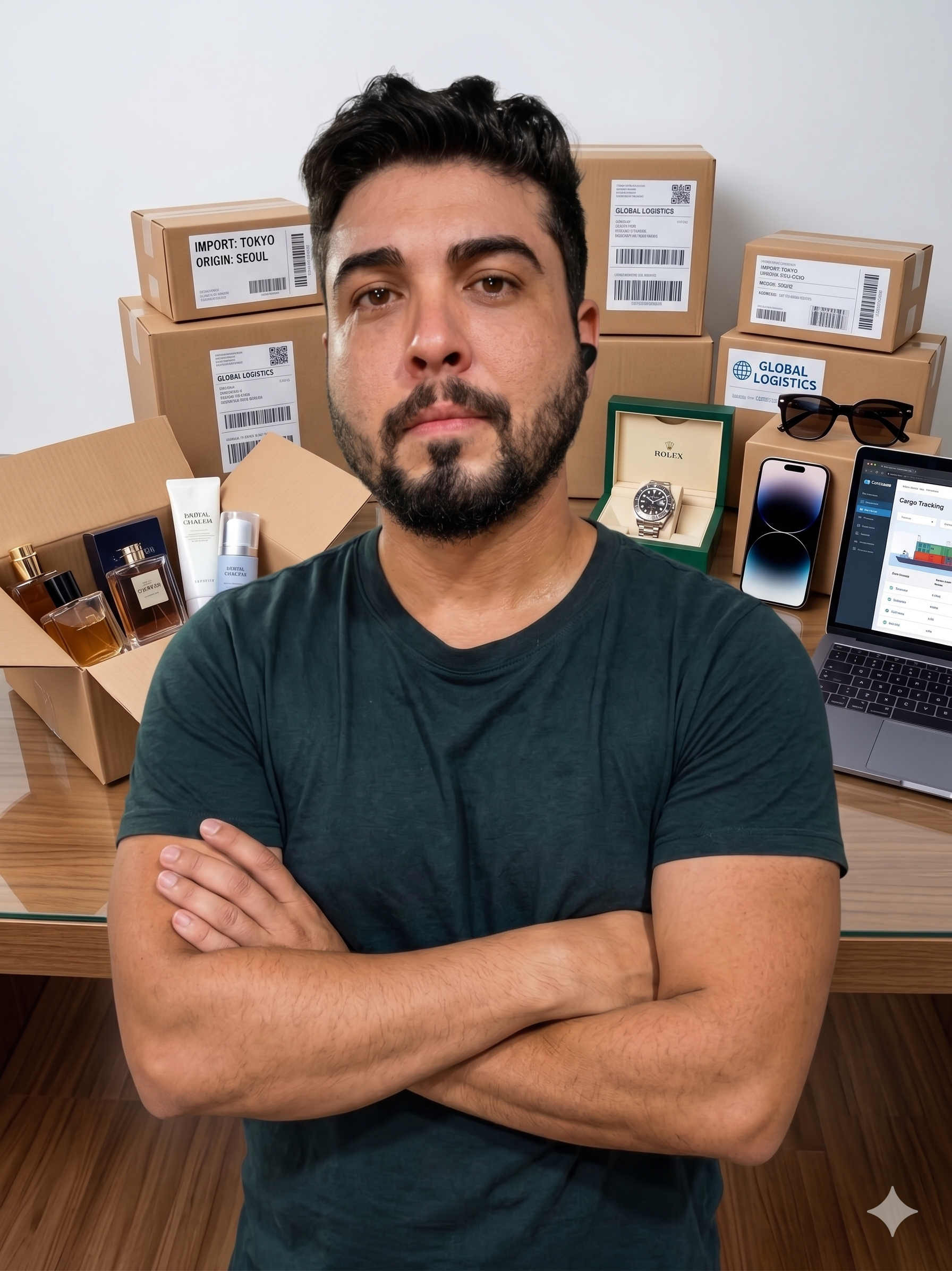 Mentor de importação com produtos, caixas e operação logística